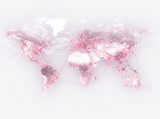 A global map visualization made of fine light particles, glowing connections between nodes representing shared dreams